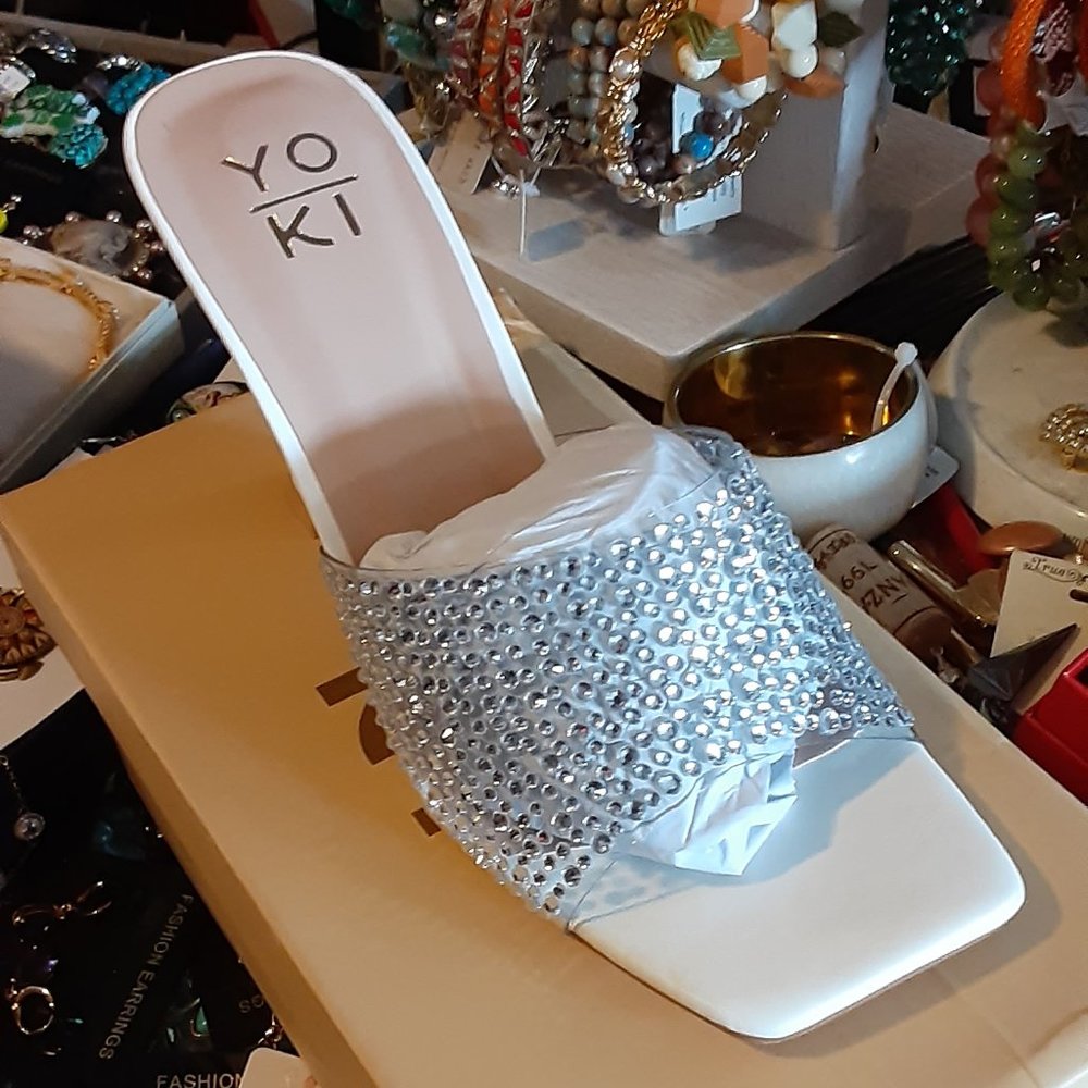 YOKI RENE GLITZ MULES SLIDES HEELS LUCITE BLING